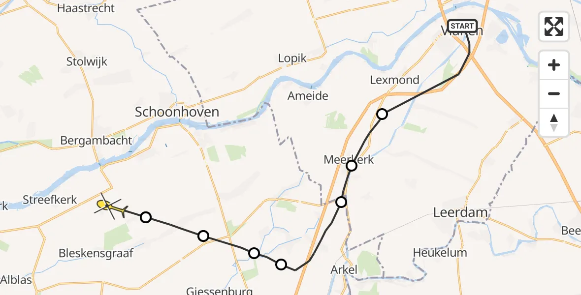 Routekaart van de vlucht: Politieheli naar Brandwijk