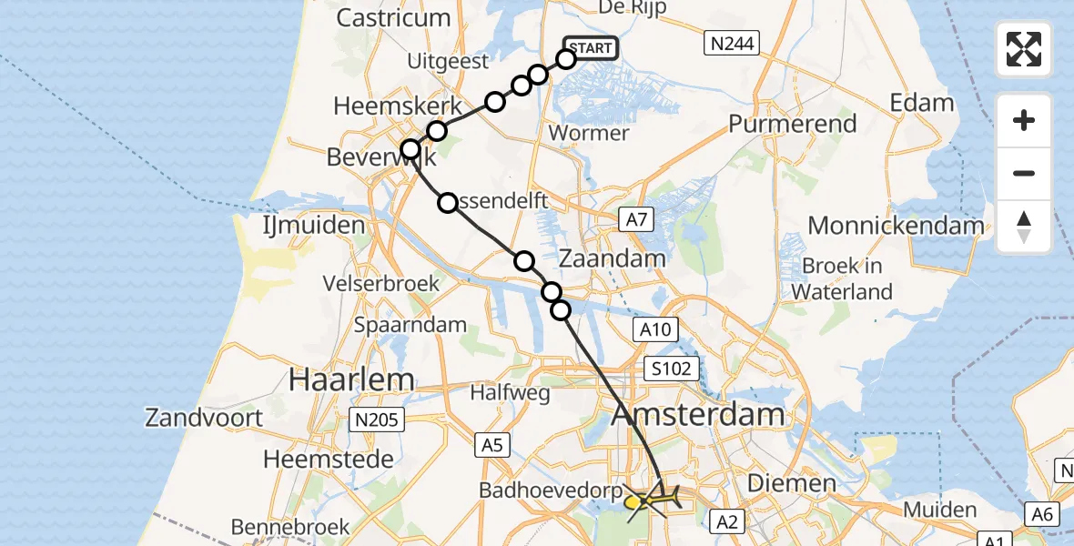 Routekaart van de vlucht: Lifeliner 1 naar Amsterdam