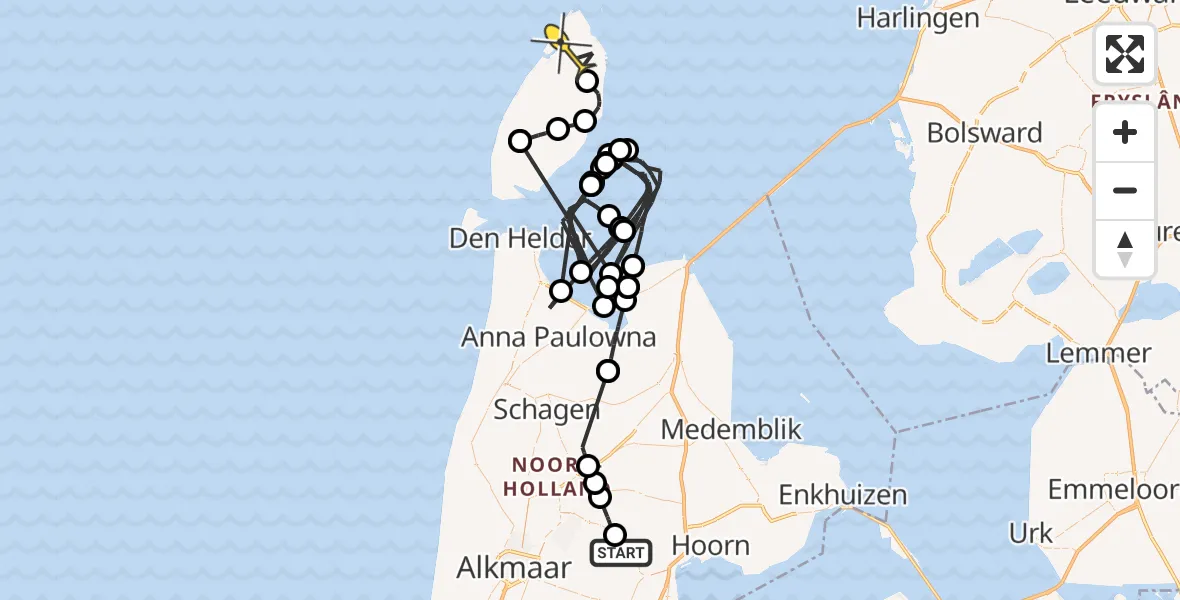 Routekaart van de vlucht: Politieheli naar De Cocksdorp