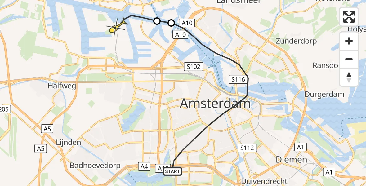 Routekaart van de vlucht: Lifeliner 1 naar Amsterdam