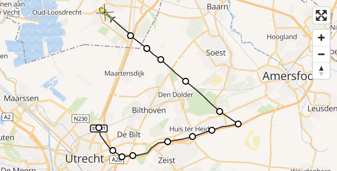 Routekaart van de vlucht: Politieheli naar Hilversum