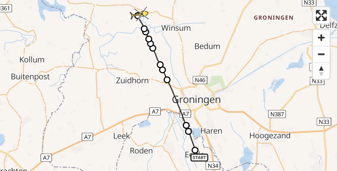 Routekaart van de vlucht: Lifeliner 4 naar Wehe-den Hoorn