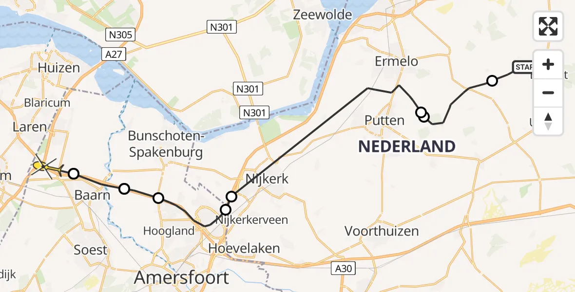 Routekaart van de vlucht: Politiehelikopter naar Eemnes