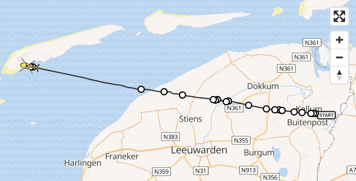 Routekaart van de vlucht: Ambulanceheli naar West-Terschelling