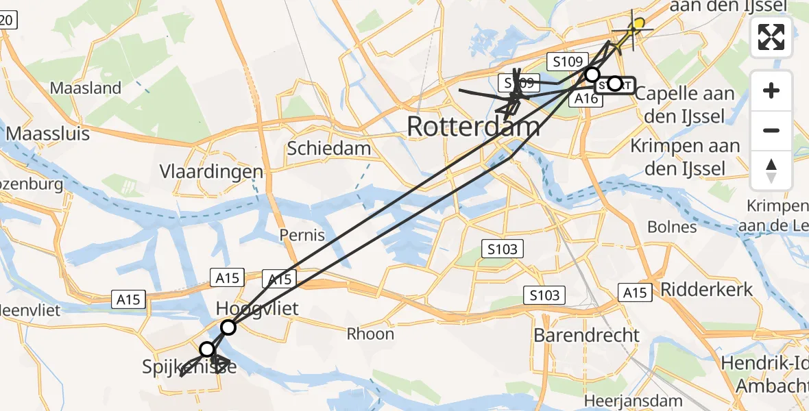 Vluchtroute Politiehelikopter van Rotterdam naar Rotterdam