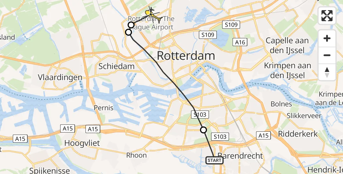 Routekaart van de vlucht: Lifeliner 2 naar Rotterdam