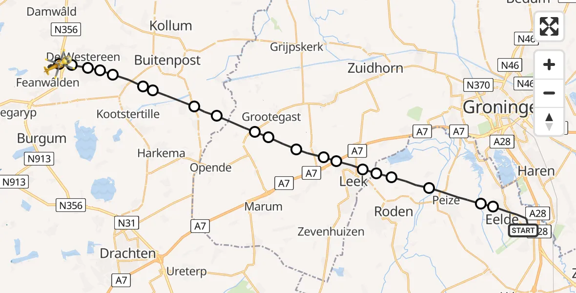 Vluchtroute Traumahelikopter Eelde - Feanwâlden, 20 maart 2022, 12:16