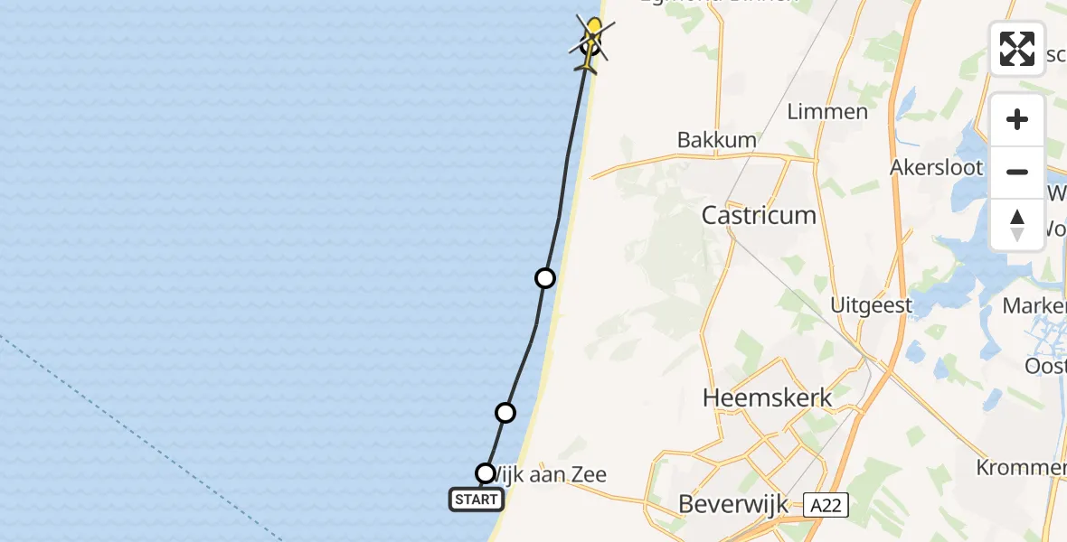 Routekaart van de vlucht: Politiehelikopter naar Egmond-Binnen