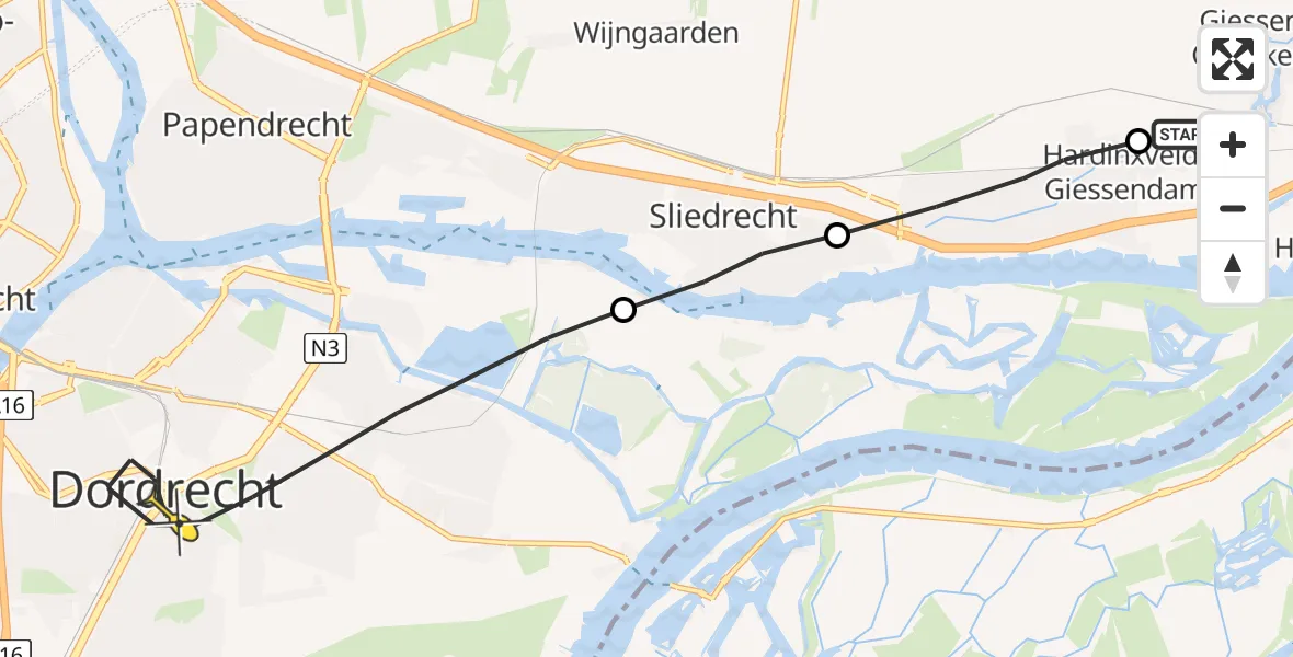 Routekaart van de vlucht: Lifeliner 1 naar Dordrecht