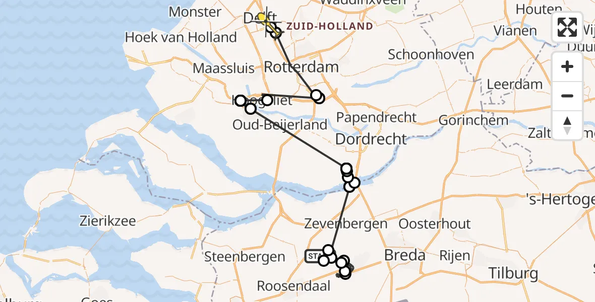 Routekaart van de vlucht: Politieheli naar Delft