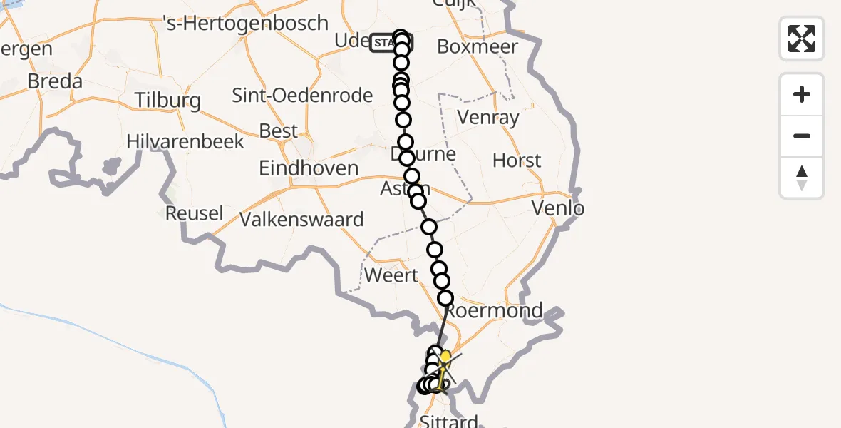 Routekaart van de vlucht: Politieheli naar Susteren