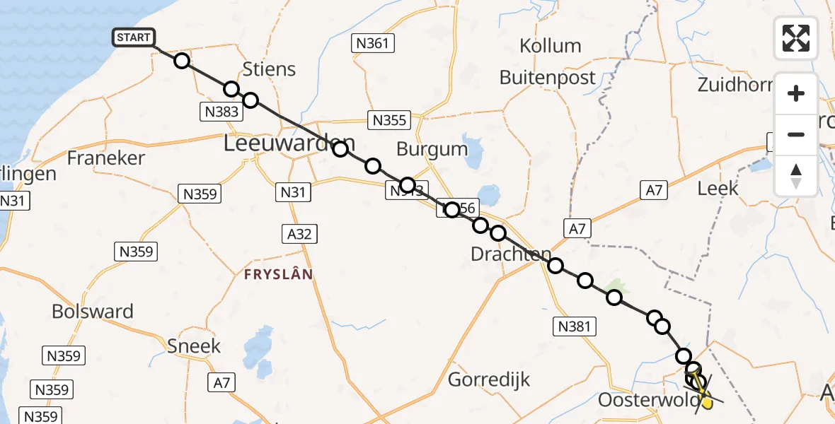 Routekaart van de vlucht: Ambulancehelikopter naar Fochteloo