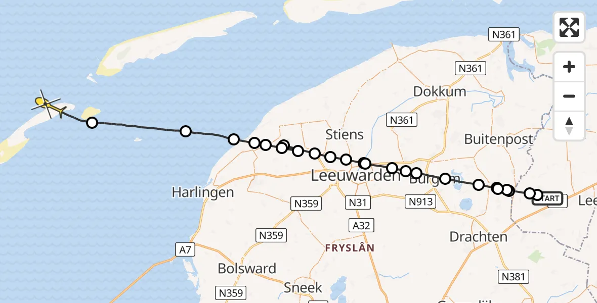 Routekaart van de vlucht: Ambulanceheli naar Vlieland