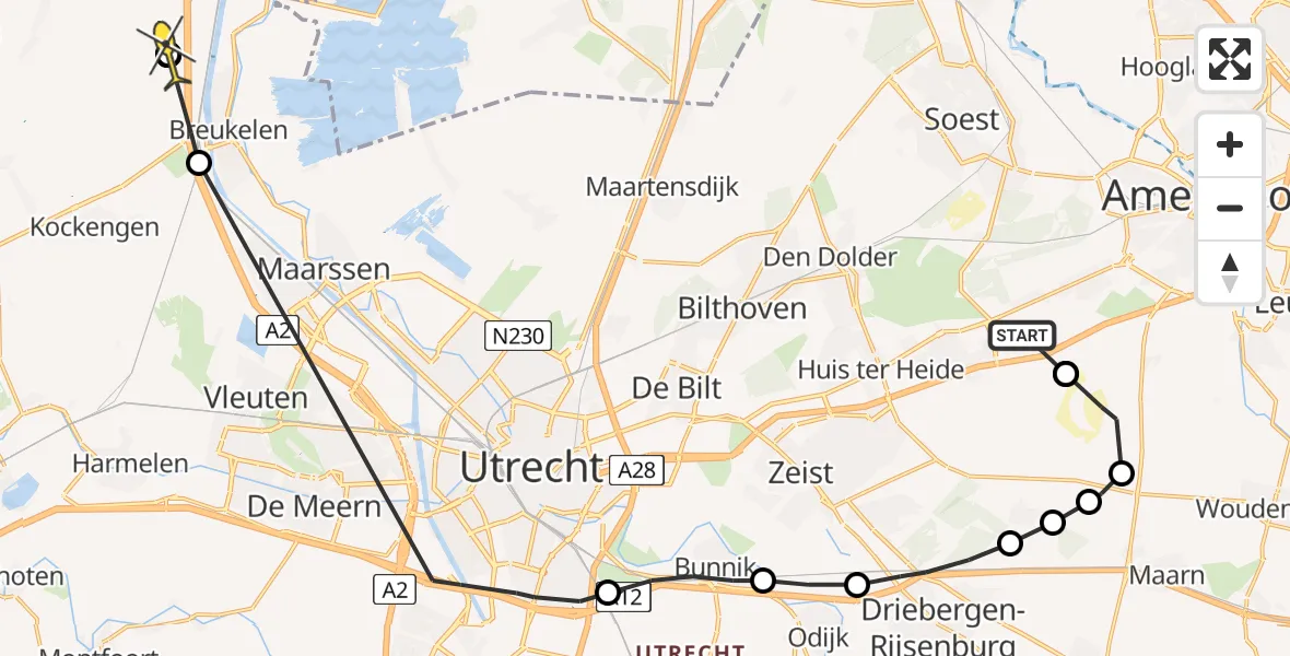 Routekaart van de vlucht: Politieheli naar Nieuwer Ter Aa
