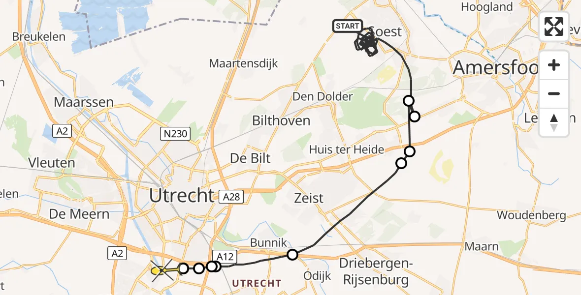 Routekaart van de vlucht: Politiehelikopter naar Nieuwegein