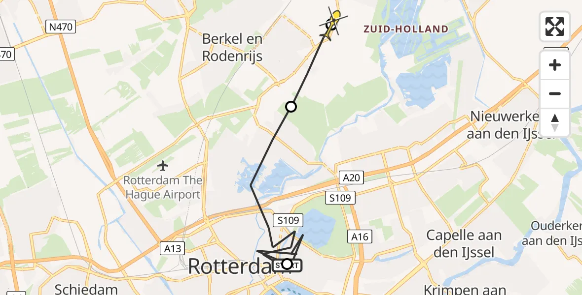 Vluchtroute Politiehelikopter van Rotterdam naar Bleiswijk