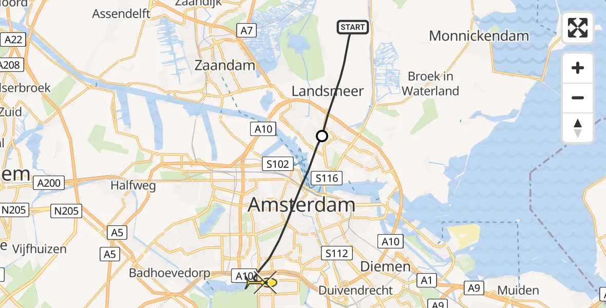 Routekaart van de vlucht: Lifeliner 1 naar Amsterdam