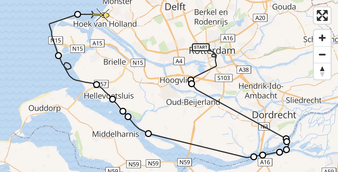 Routekaart van de vlucht: Politieheli naar Hoek van Holland