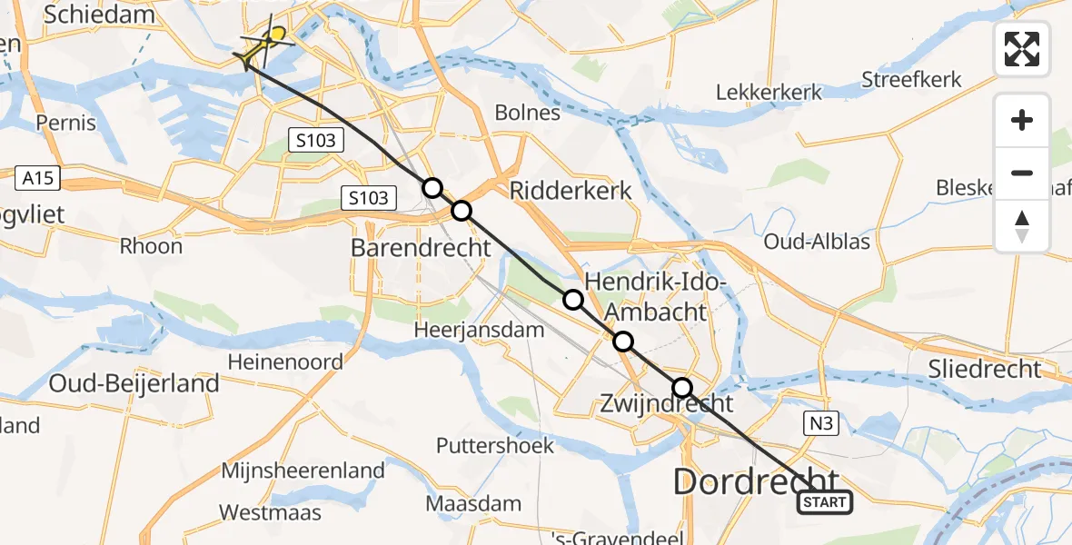 Routekaart van de vlucht: Lifeliner 2 naar Rotterdam