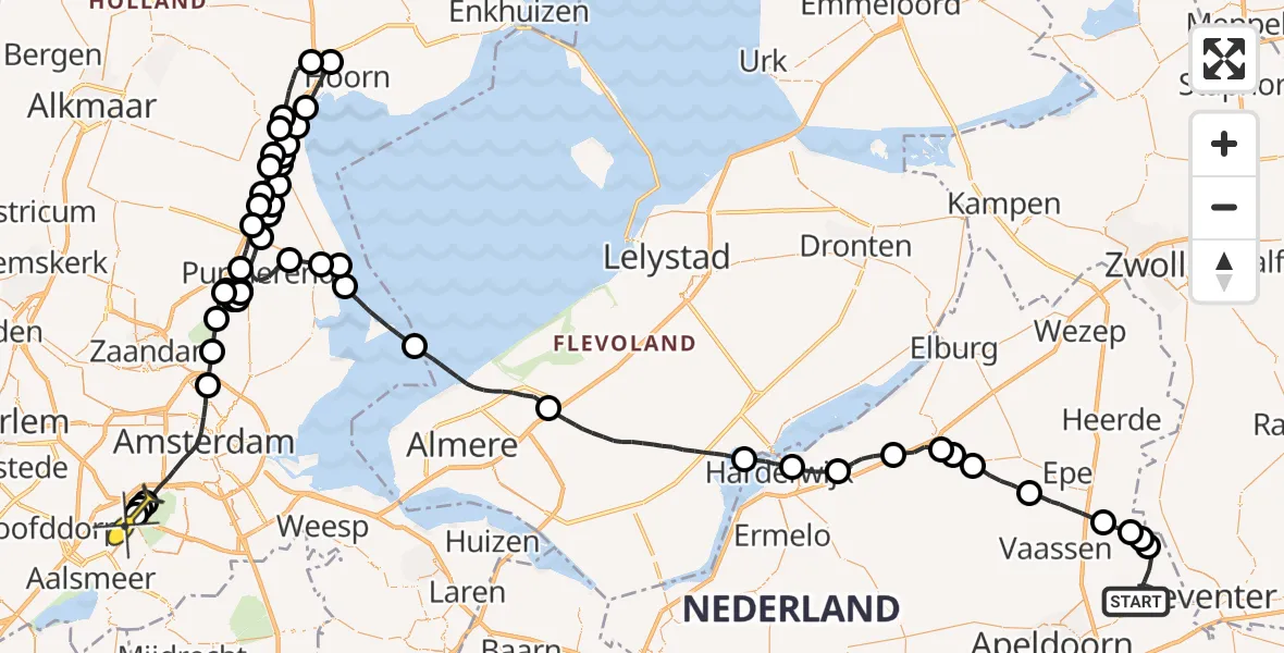 Routekaart van de vlucht: Politieheli naar Schiphol