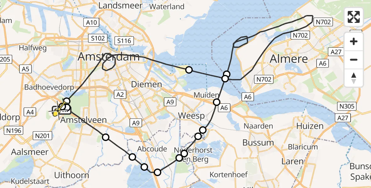 Routekaart van de vlucht: Politieheli naar Schiphol