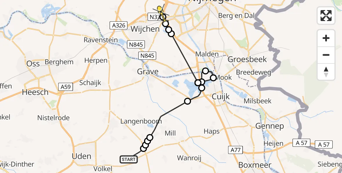 Routekaart van de vlucht: Politieheli naar Nijmegen