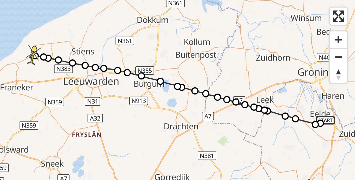 Routekaart van de vlucht: Lifeliner 4 naar Minnertsga