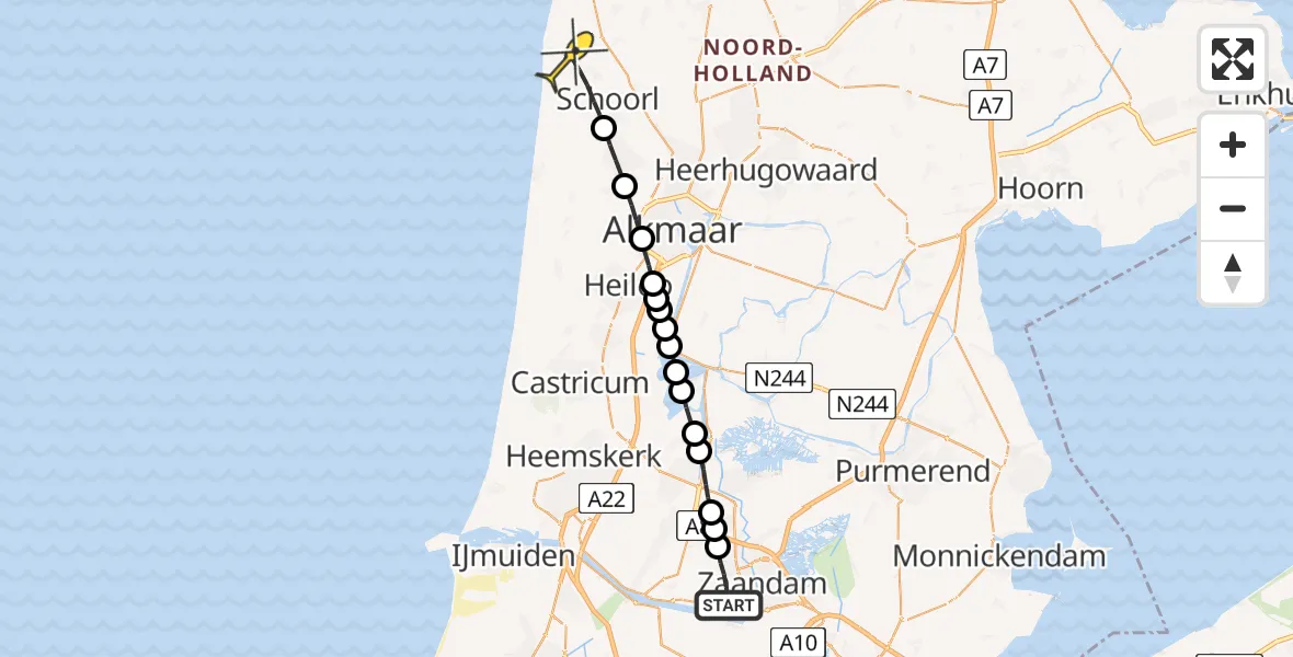 Routekaart van de vlucht: Lifeliner 1 naar Schoorl