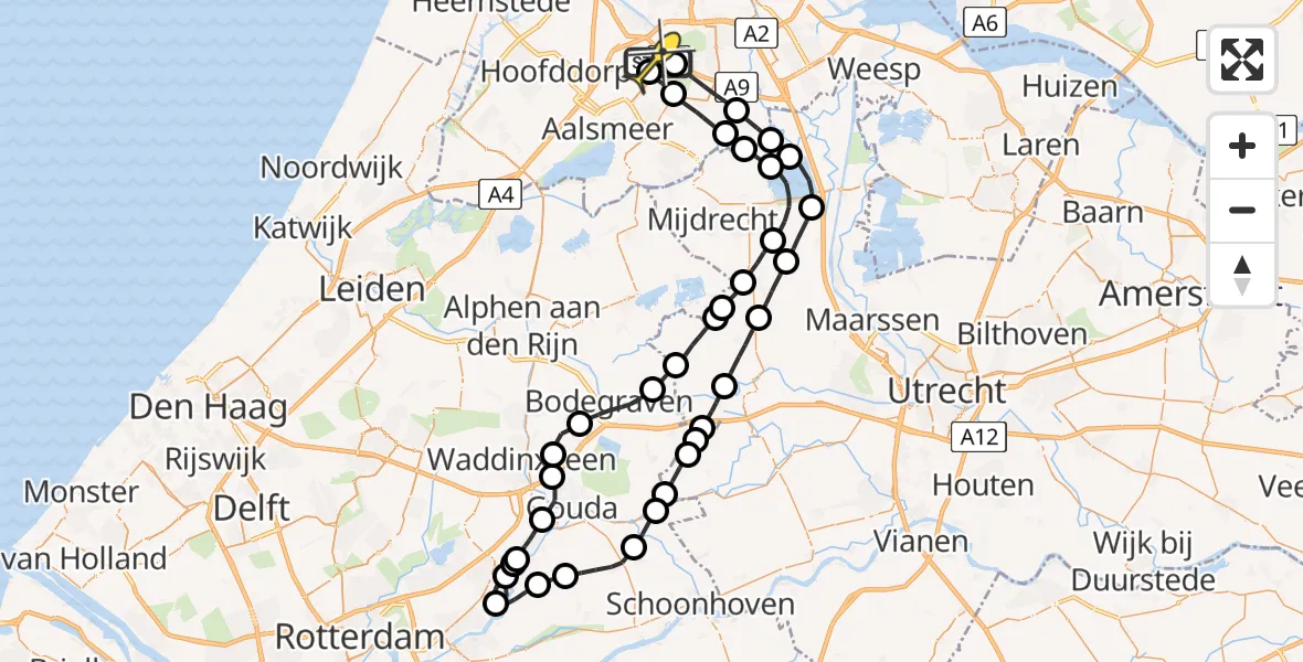 Routekaart van de vlucht: Politieheli naar Schiphol