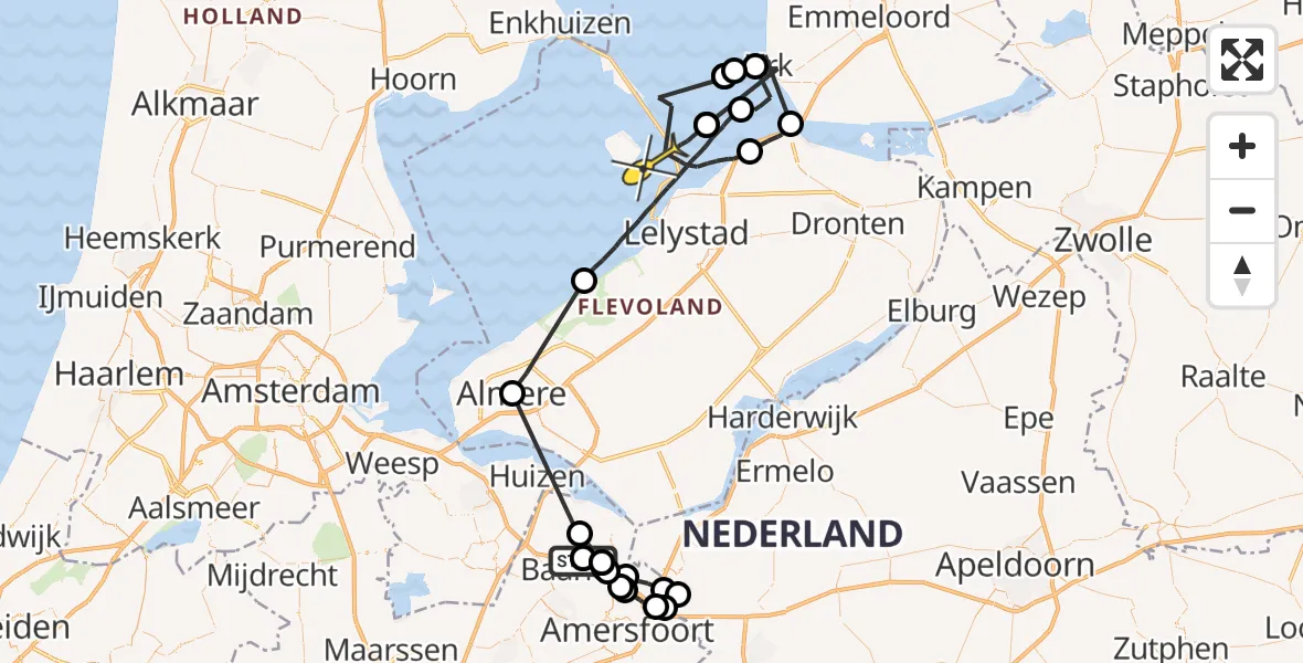 Routekaart van de vlucht: Politieheli naar Lelystad