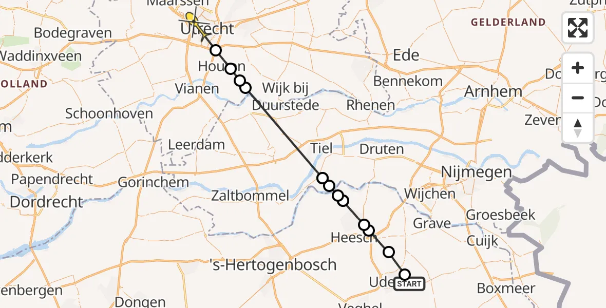 Vluchtroute Politiehelikopter van Volkel naar Utrecht