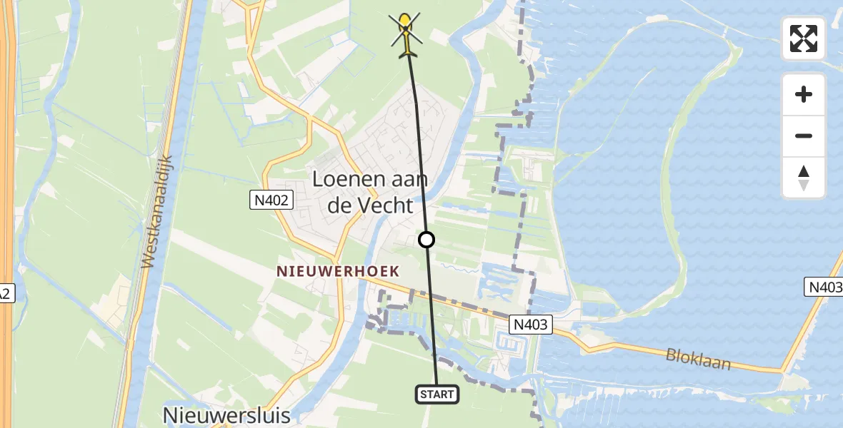 Routekaart van de vlucht: Politiehelikopter naar Loenen aan de Vecht