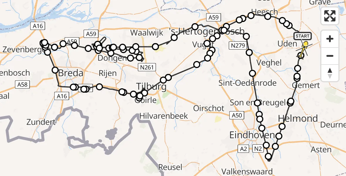 Routekaart van de vlucht: Politieheli naar Volkel