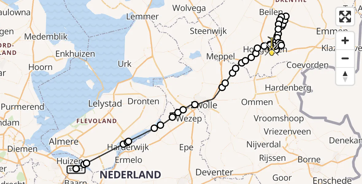 Routekaart van de vlucht: Politieheli naar Hoogeveen