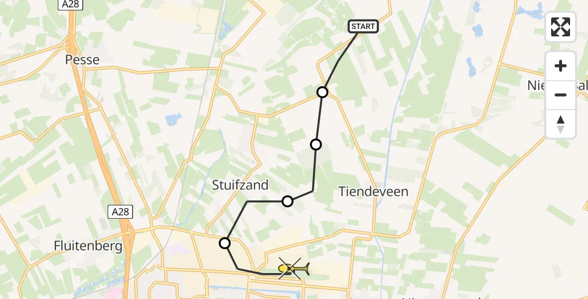 Routekaart van de vlucht: Politieheli naar Hoogeveen