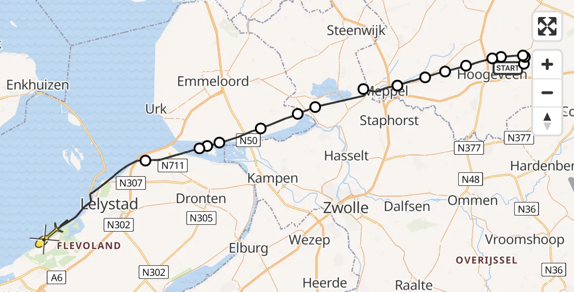 Routekaart van de vlucht: Politieheli naar Lelystad