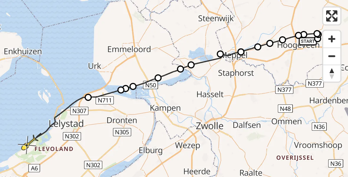 Routekaart van de vlucht: Politiehelikopter naar Lelystad