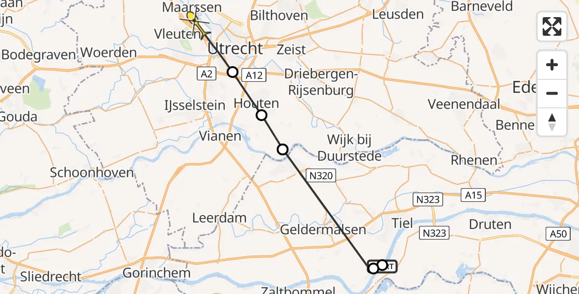 Routekaart van de vlucht: Politiehelikopter naar Utrecht