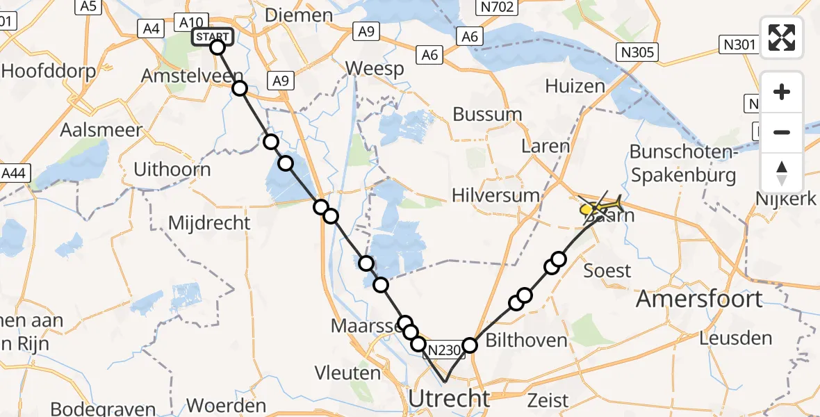 Routekaart van de vlucht: Lifeliner 1 naar Baarn