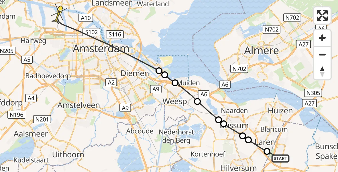 Routekaart van de vlucht: Lifeliner 1 naar Amsterdam