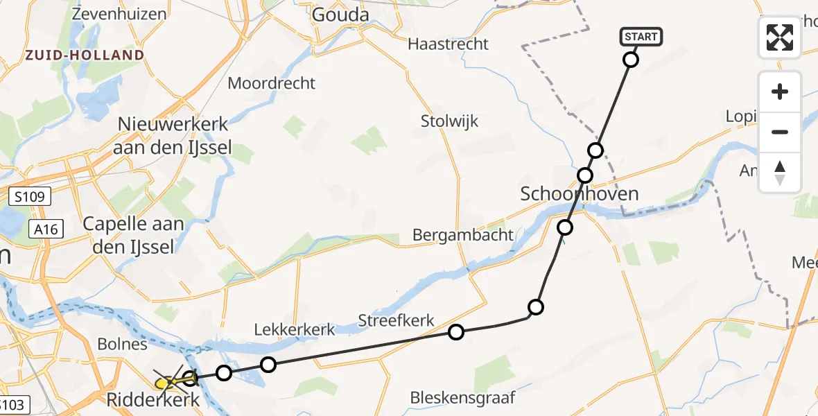 Routekaart van de vlucht: Politieheli naar Ridderkerk