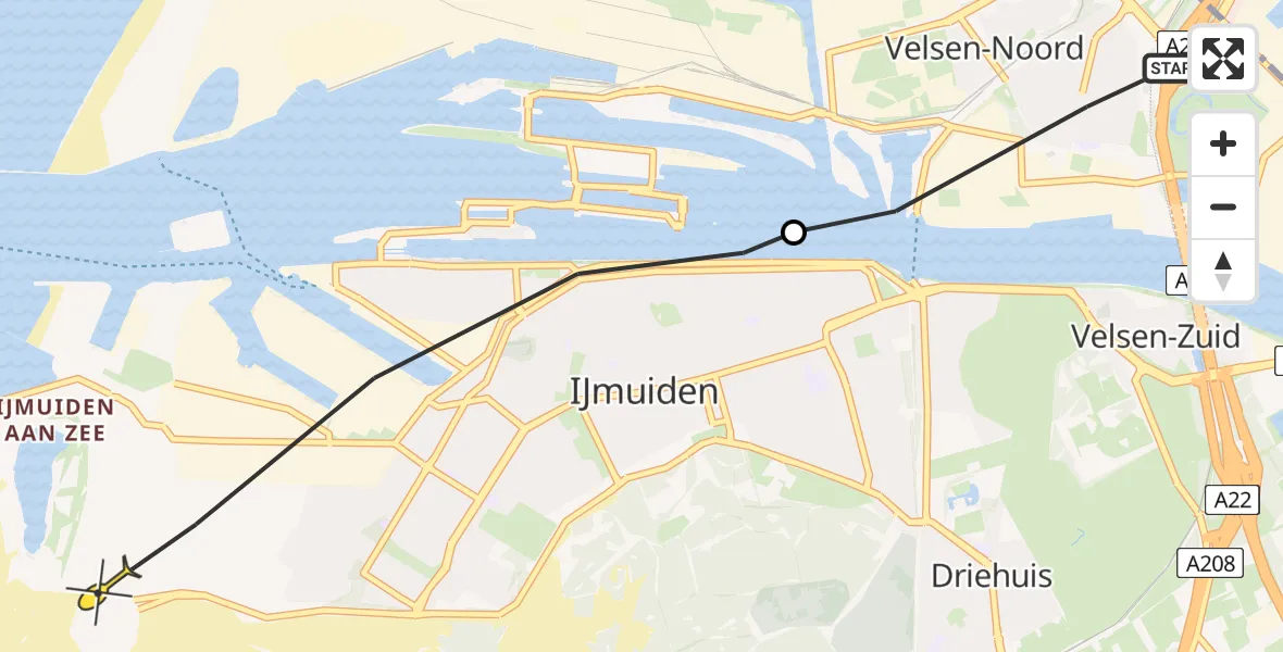 Routekaart van de vlucht: Politiehelikopter naar IJmuiden