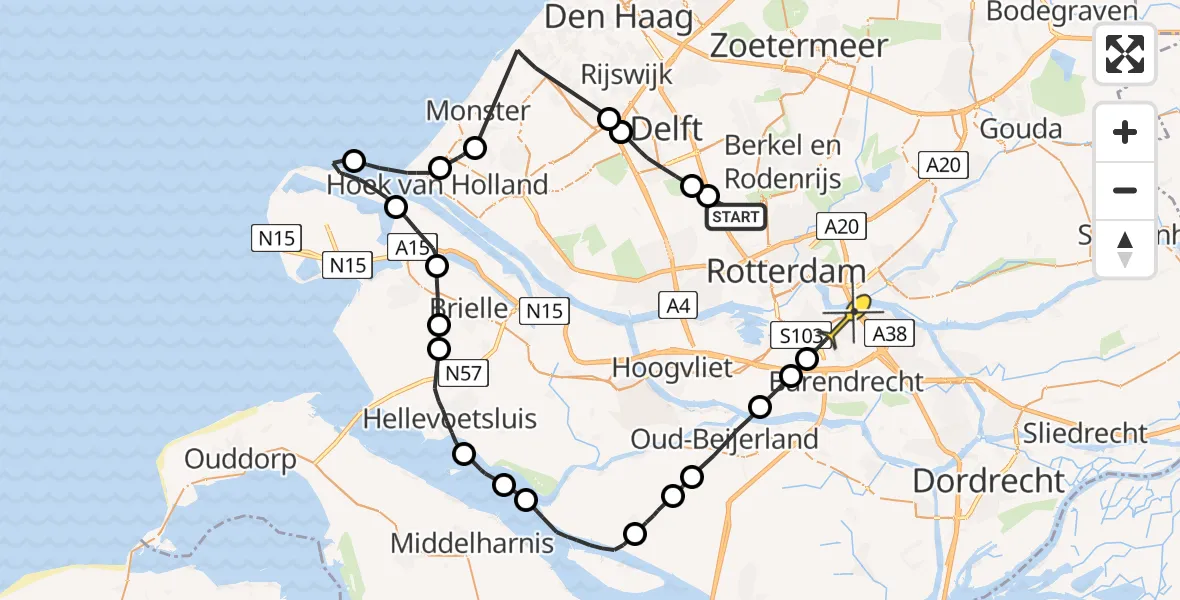 Routekaart van de vlucht: Politieheli naar Rotterdam