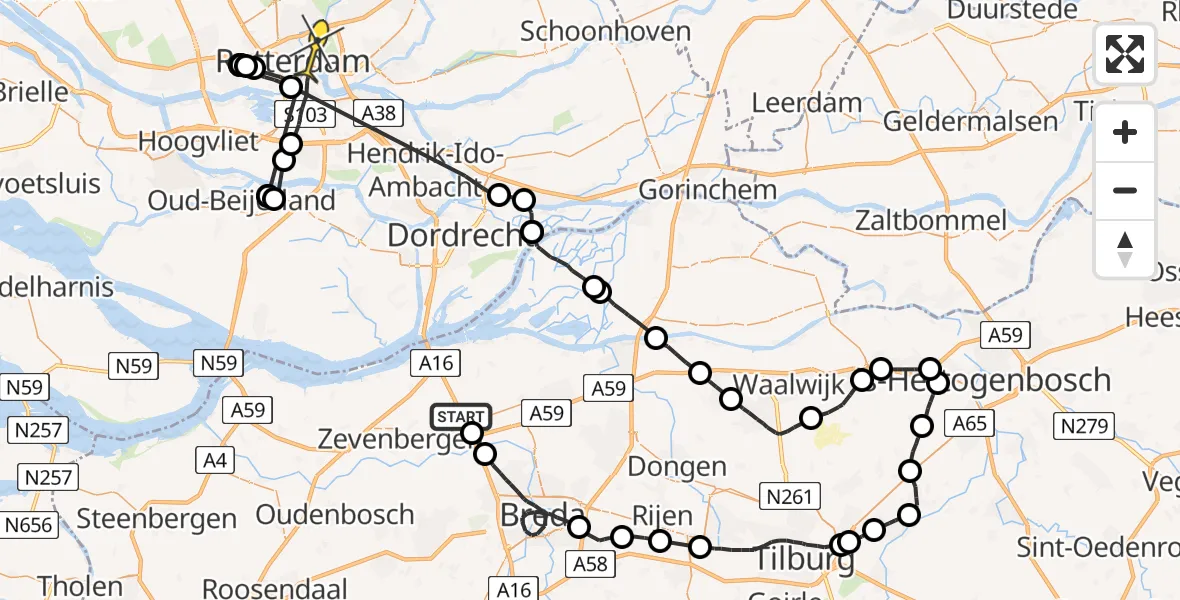 Routekaart van de vlucht: Politiehelikopter naar Rotterdam