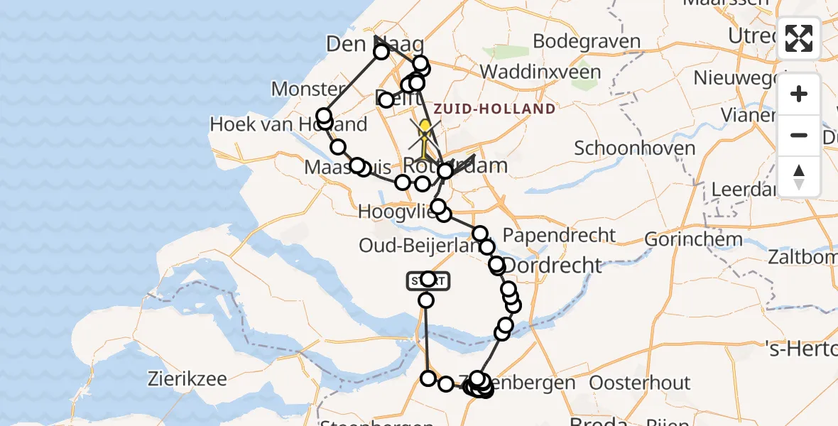 Routekaart van de vlucht: Politieheli naar Rotterdam