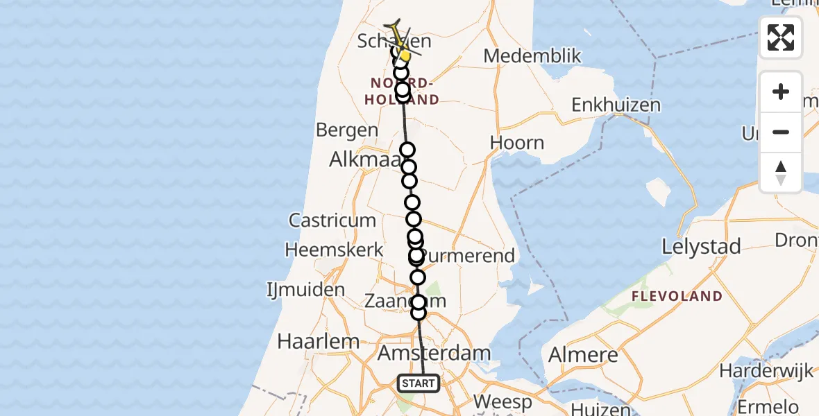 Routekaart van de vlucht: Lifeliner 1 naar Schagen