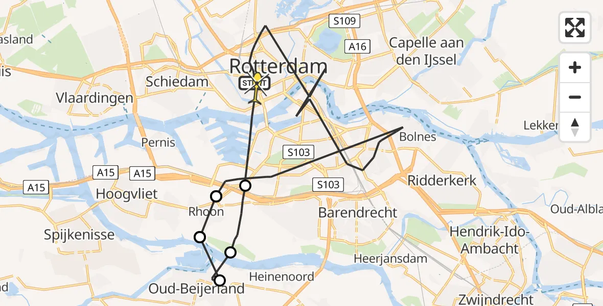 Vluchtroute Politiehelikopter van Rotterdam naar Rotterdam