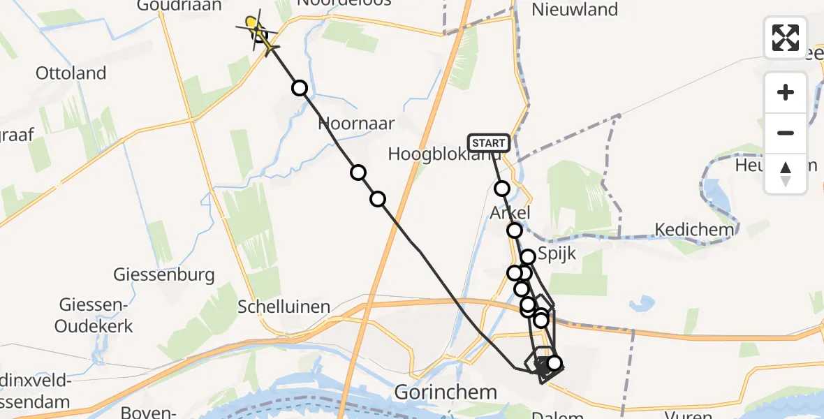 Routekaart van de vlucht: Politieheli naar Goudriaan