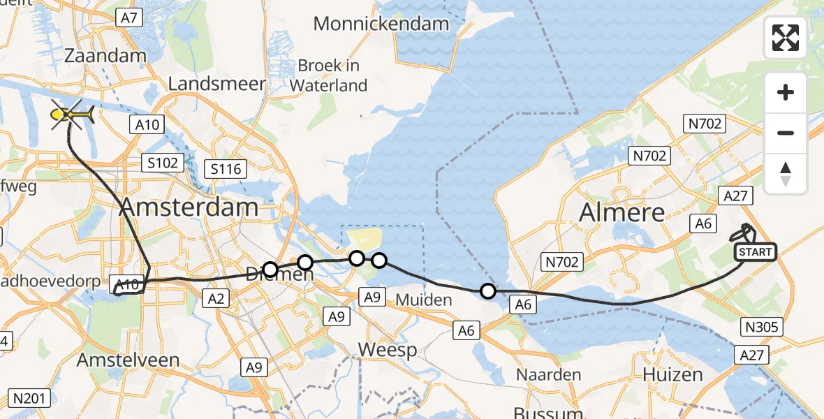 Routekaart van de vlucht: Traumaheli naar Amsterdam