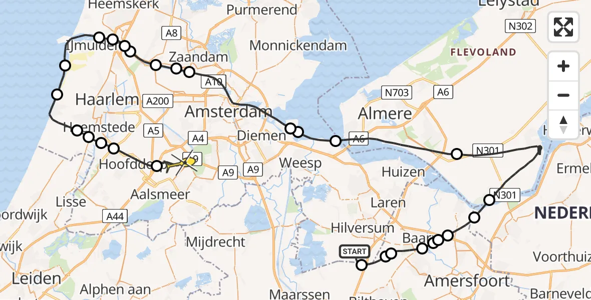 Routekaart van de vlucht: Politieheli naar Schiphol